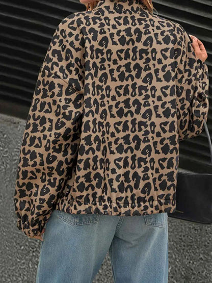 Leopard print casual button-up jacket made of 100% polyester with normal thickness and machine washable design