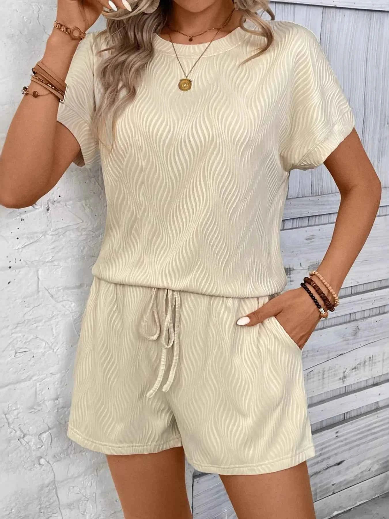 Textured Knit Round Neck Top and Shorts Set
