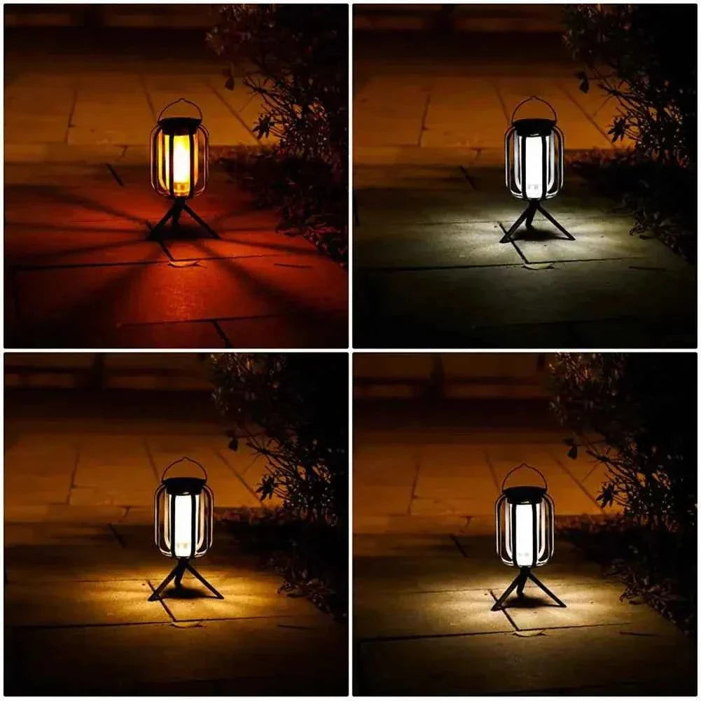 Energy-saving solar camping light with adjustable tripod stand showing multiple brightness settings in outdoor night use
