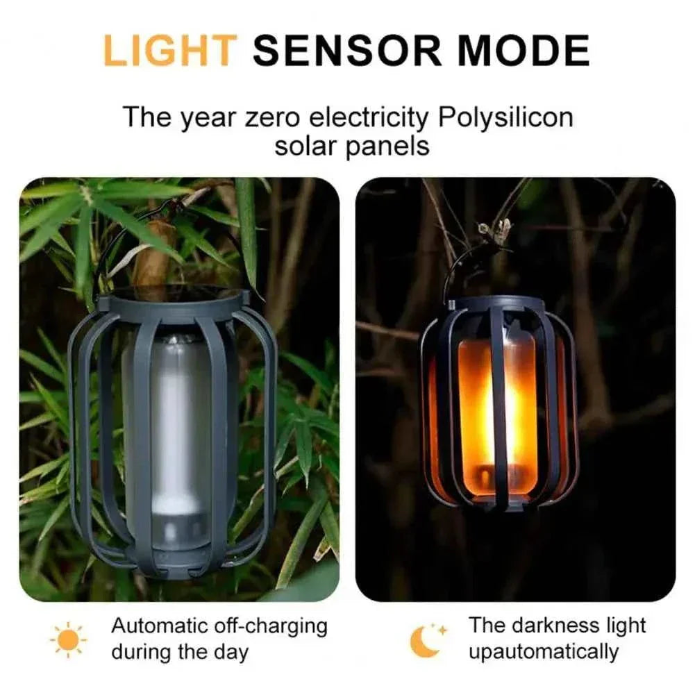 Energy-saving solar light portable camping lantern with automatic light sensor mode for day and night use