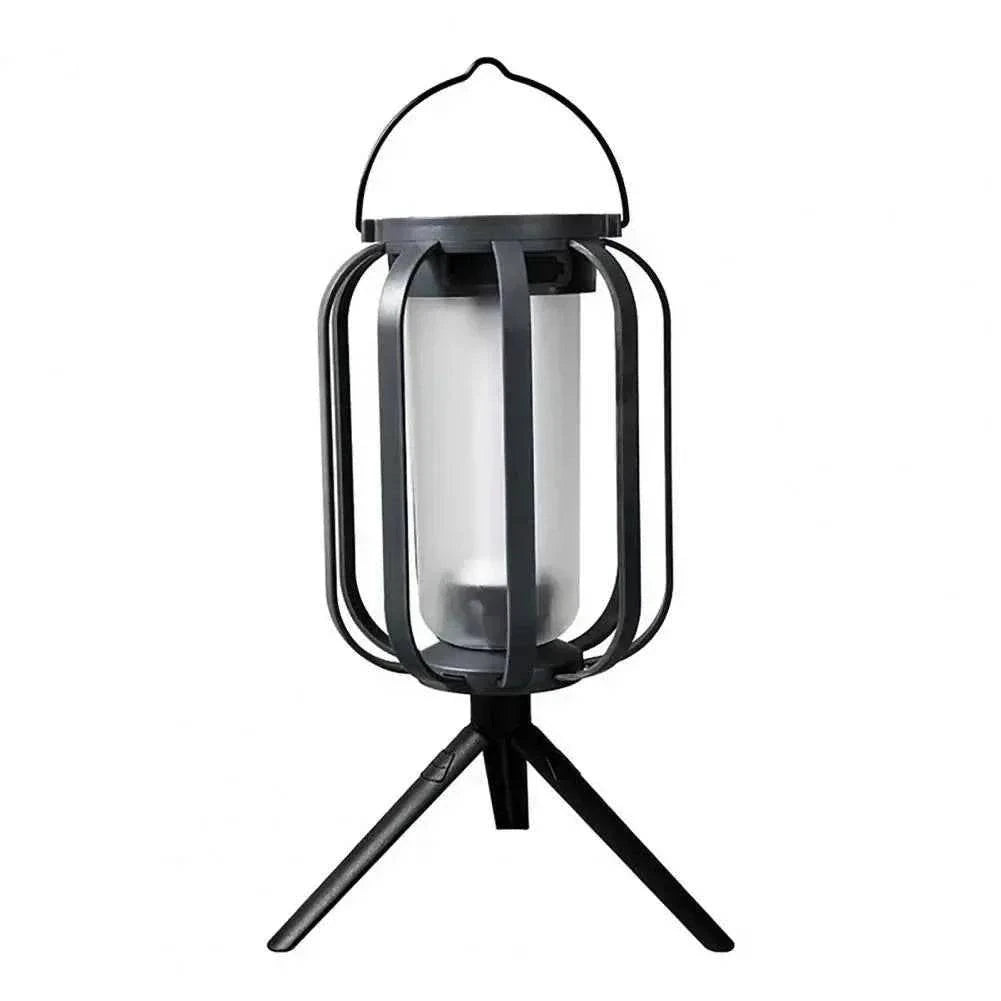 Energy-saving solar camping light with adjustable tripod, waterproof design, and USB rechargeable lantern for outdoor hiking and camping.
