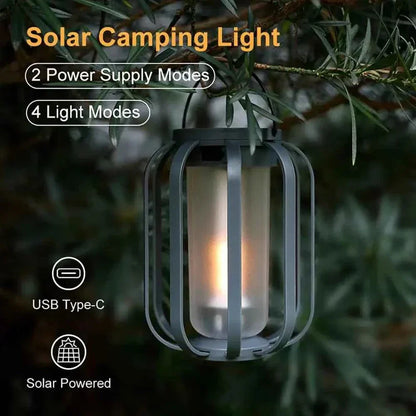 Energy-saving solar camping light with USB Type-C recharge and multiple light modes hanging outdoors