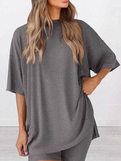Full Size Oversized Slit Round Neck Top and Shorts Lounge Set Plus Size